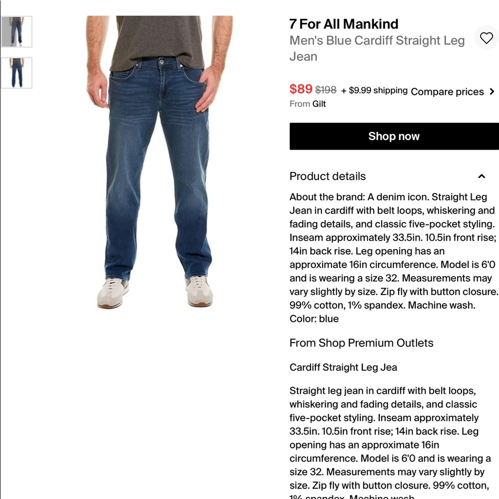 7 for all mankind mens Cardiff standard jeans size 34